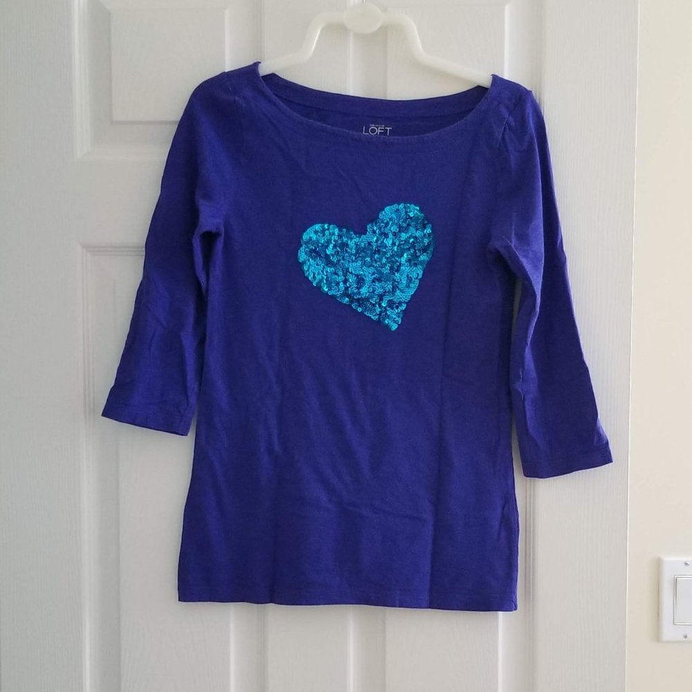 Loft 3/4 sleeve Sequin Heart Top - Size XS
